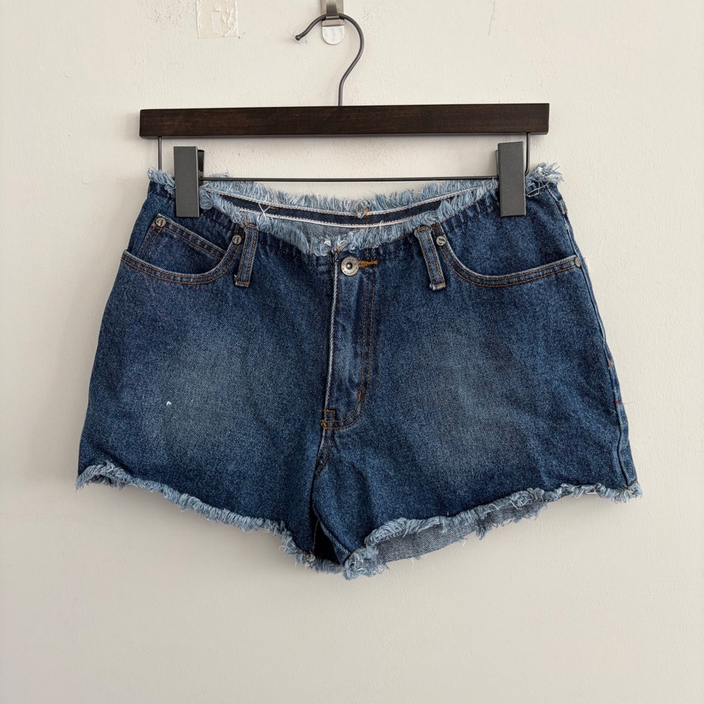 French Laundry Y2K Low Rise Frayed Hem Denim Shorts Blue